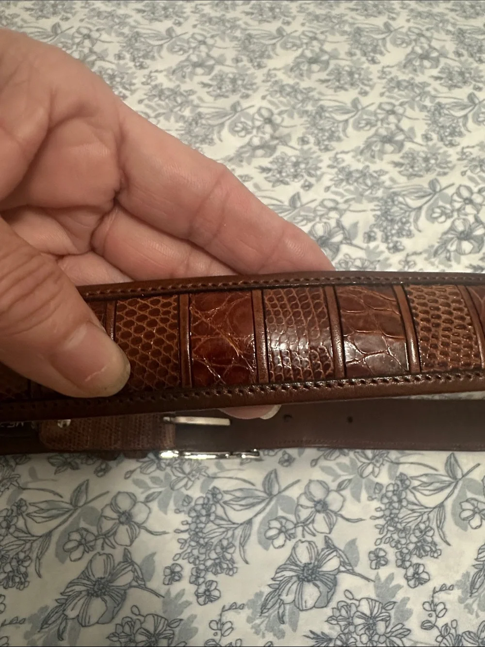 Mezlan 🐊 Brown Embossed Leather Dress Belt with Silver Buckle
